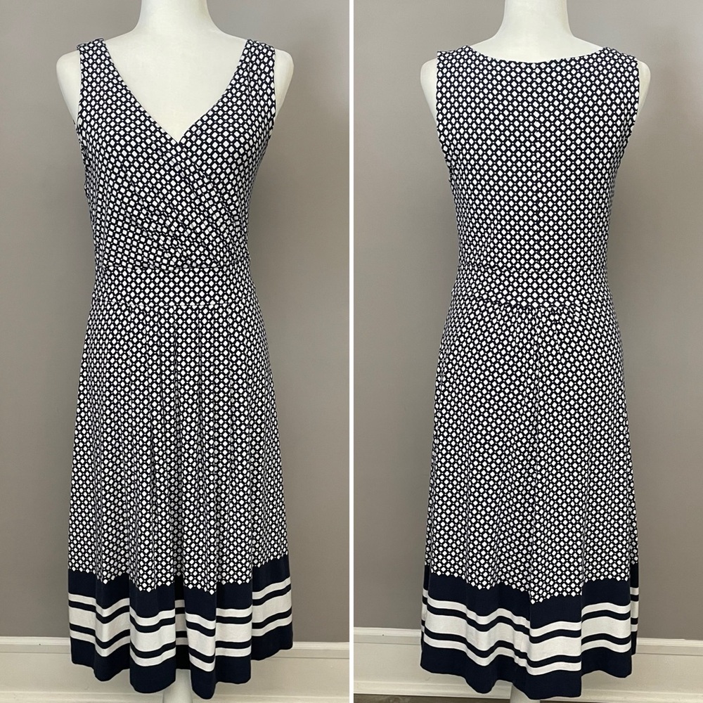 Lands’ End Navy Patterned Sleeveless Fit-and-Flare Dress Size S Tall
